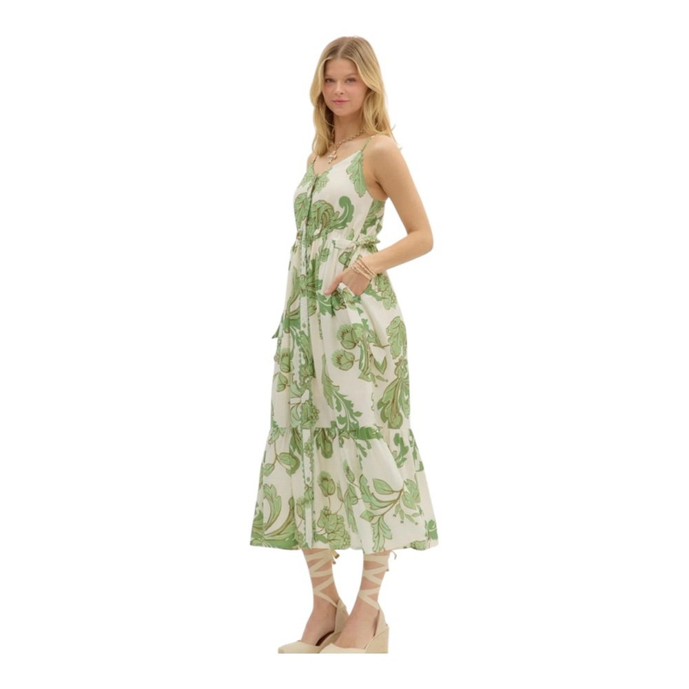 Entro Green and Cream Floral Midi Dress